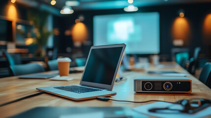 Poster - a laptop and a video projector on a conference room table