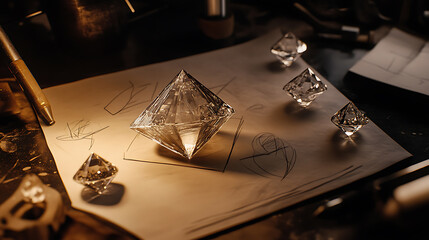 Fototapete - Workplace of a jeweler featuring sketches and a top view of diamonds against a dark backdrop