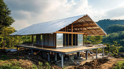Aufkleber - Under construction is a steel roof structure with an aluminum foil insulation sheet installed beneath it to reflect heat radiation and shield the house from heat