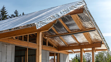 Leinwandbilder - Under construction is a steel roof structure with an aluminum foil insulation sheet installed beneath it to reflect heat radiation and shield the house from heat