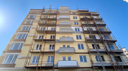 Aufkleber - Thermal insulation of a multi-story apartment building using scaffolding and thick slabs of rock mineral wool against a background of the blue sky