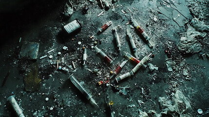 Poster - The floor is covered in used syringes, drug abuse, demise