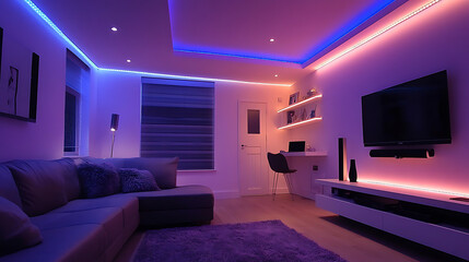 Poster - LED lighting and strip lighting, Also known as ribbon lights or LED tape, these lights are suspended from the plasterboard ceiling in empty living rooms, Technology and interior design for homes