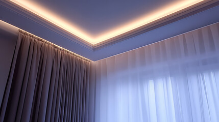 Leinwandbilder - LED lighting and strip lighting, Also known as ribbon lights or LED tape, these lights are suspended from the plasterboard ceiling in empty living rooms, Technology and interior design for homes
