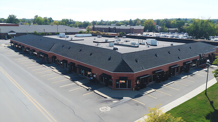 Poster - Images from a midday drone photo shoot of asphalt shingles and TPO on commercial roofs, Sunny, Outside, Strip Mall, Architecture