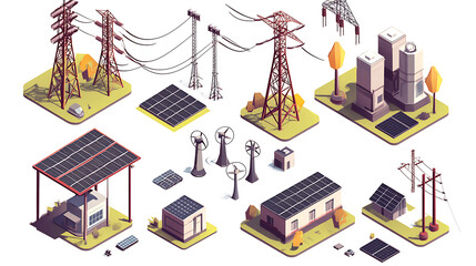 Poster - Electricity isometric icons set with solar panels power stations high voltage wires isolated on white background 3d vector illustration