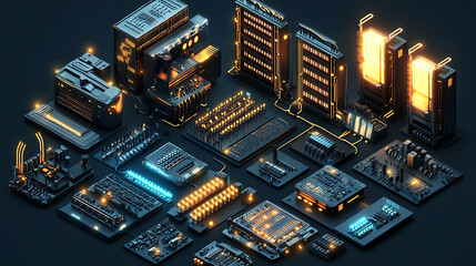 Poster - Electrical panels have an isometric shape, Computer power diodes, semiconductors, and tiny chip vector equipment sets are examples of hardware