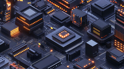 Poster - Electrical panels have an isometric shape, Computer power diodes, semiconductors, and tiny chip vector equipment sets are examples of hardware