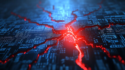 Aufkleber - Digital screen with a red glowing crack, representing cybersecurity breach or data leak risk in modern technologies