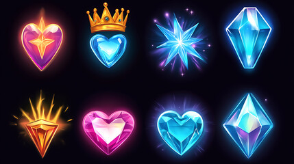 Fototapete - Crystal game vector icon set with a crown, heart, and star, Magic gem UI cartoon asset design that is isolated, Illustration of a blue lightning diamond glowing, Collection of Crystal