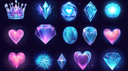 Fototapete - Crystal game vector icon set with a crown, heart, and star, Magic gem UI cartoon asset design that is isolated, Illustration of a blue lightning diamond glowing, Collection of Crystal
