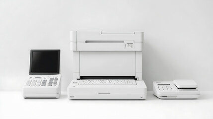 Fototapete - Corporate Smart Laser Multifunction Printer Set Aside on White Background, Copier, fax, scanner, and color document and photo laser printer for home use, Appliances for Office Printing