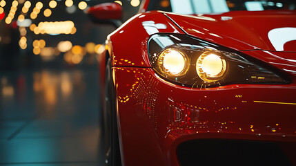 Closeup on headlights of a generic red sport car