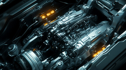 Leinwandbilder - Close-up of a sleek, modern automatic transmission with a complex array of gears, wires and hydraulic lines, illuminated by soft lighting