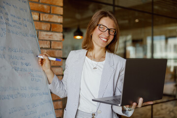 A confident woman actively utilizing a laptop and a whiteboard within a stylish and modern office environment