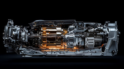 Poster - Close-up of a sleek, modern automatic transmission with a complex array of gears, wires and hydraulic lines, illuminated by soft lighting