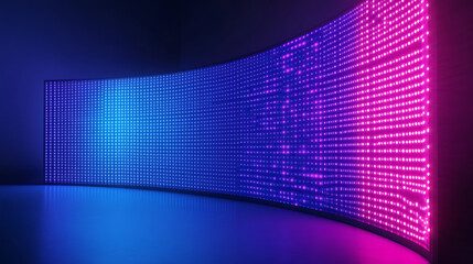 Poster - Authentic concave LED display for a wall or platform, Large TV display depicted in a vector illustration with neon blue and purple dot lights, Stadium digital scoreboard with diode lights