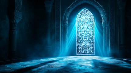 Aufkleber - Arabic arch with backlighting, blue light rays shining through the doorway, with arabesque patterns on a dark background