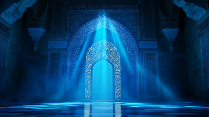 Aufkleber - Arabic arch with backlighting, blue light rays shining through the doorway, with arabesque patterns on a dark background