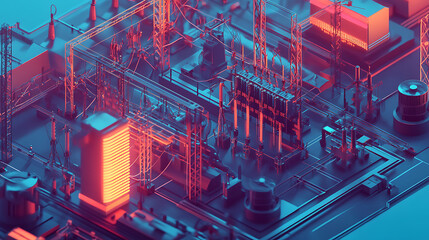 Leinwandbilder - An isometric schematic view of an electrical substation, Power distribution, 3d illustration