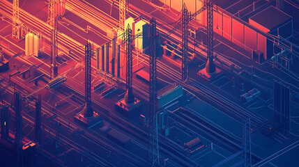 Fototapete - An isometric schematic view of an electrical substation, Power distribution, 3d illustration