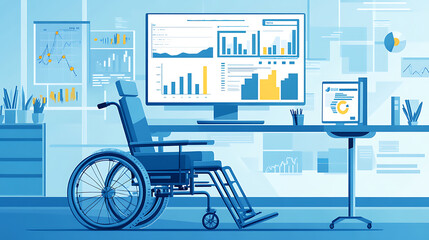 Aufkleber - A wheelchair accessible for workers with disabilities in an inclusive workplace featuring a computer screen displaying graphs and statistics