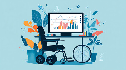 Leinwandbilder - A wheelchair accessible for workers with disabilities in an inclusive workplace featuring a computer screen displaying graphs and statistics