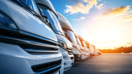 Poster - A row of new motorhomes displayed at a dealership under bright skies, highlighting recreational vehicles ready for sale, perfect for travel enthusiasts and road trips