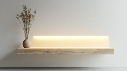 Poster - 3D mockup of an empty niche or shelf with an LED light on a white wall, Display case made of plastic or wooden for retail or gallery use,  Furniture for interior design