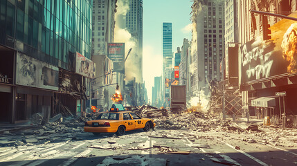 Wall Mural - postapocalyptic destroyed city street disaster film poster concept digital illustration