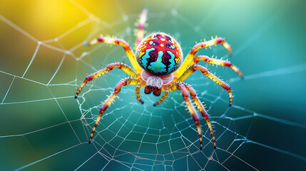 Colorful spider at the center of a web, beautiful background, blurred background, macro photography, photorealistic landscapes