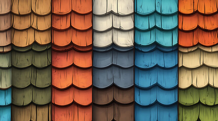 Aufkleber - Vector set of traditional roof tile textures, featuring rounded wooden and clay wave tiles in blue, red, green, and brown tones on a white background