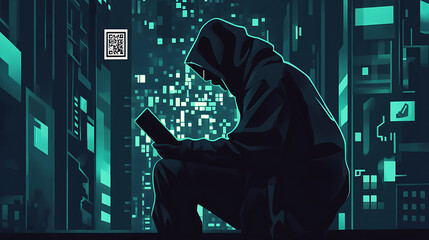 Leinwandbilder - Vector graphic illustrating a hacker and cybercrime theme, featuring a QR code element