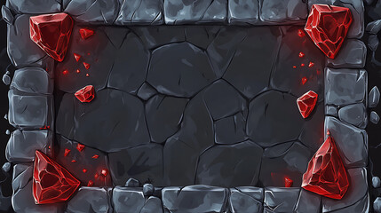Fototapete - Vector UI element for a stone game frame, ideal for RPGs, featuring a medieval rock panel with red gemstone accents