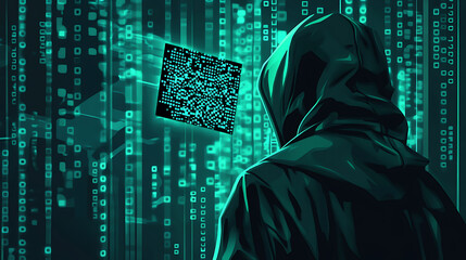 Poster - Vector graphic illustrating a hacker and cybercrime theme, featuring a QR code element