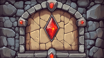 Fototapete - Vector UI element for a stone game frame, ideal for RPGs, featuring a medieval rock panel with red gemstone accents