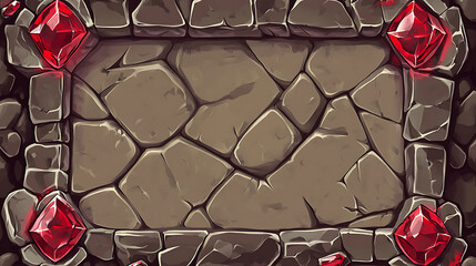 Fototapete - Vector UI element for a stone game frame, ideal for RPGs, featuring a medieval rock panel with red gemstone accents