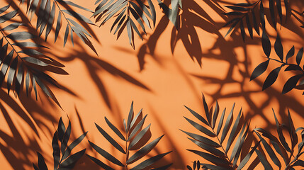 Poster - Tropical palm leaves natural shadow overlay on orange texture background, for overlay on product presentation, backdrop and mockup, summer seasonal concept, minimal trend style