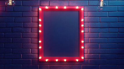 Poster - Realistic 3D vector image of a classic blank red frame bordered by light bulbs, set against a dark blue brick wall, Perfect template for retro cinema billboards