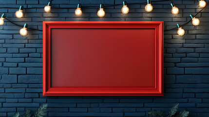Poster - Realistic 3D vector image of a classic blank red frame bordered by light bulbs, set against a dark blue brick wall, Perfect template for retro cinema billboards