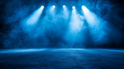 Aufkleber - Rays, spotlights light, Empty dark scene with blue light, Asphalt blue dark street with smoke, and neon lights on background