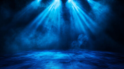 Aufkleber - Rays, spotlights light, Empty dark scene with blue light, Asphalt blue dark street with smoke, and neon lights on background