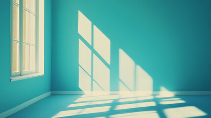 Fototapete - Minimalistic simple abstract light blue background for product presentation, Shadow and light from windows on wall
