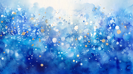 Leinwandbilder - Blue watercolor painting on winter seasonal morning texture, sunshine or sparkling lights and glittering glow winter morning of snow falling background, abstract bokeh glitter background on blue