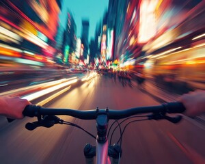 Wall Mural - Cycling through a vibrant cityscape, dynamic movement, soft lighting