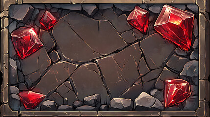 Leinwandbilder - Vector UI element for a stone game frame, ideal for RPGs, featuring a medieval rock panel with red gemstone accents