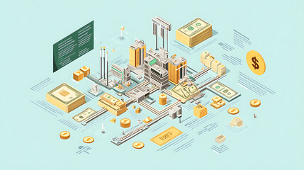 Poster - An isometric infographic design depicting the financial flow, illustrating cash circulation