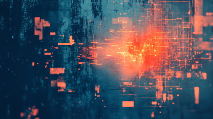Fototapete - An abstract, grungy background with orange glitch noise set against a blue, scratched texture with dust, creating a damaged screen effect