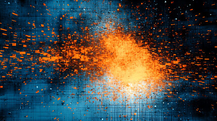 Fototapete - An abstract, grungy background with orange glitch noise set against a blue, scratched texture with dust, creating a damaged screen effect