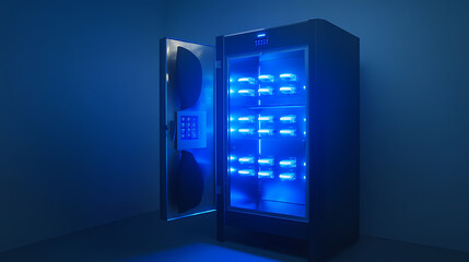 Poster - A vertical tanning turbo solarium light machine, featuring glowing blue ultraviolet lamps, with its door open and control panel visible